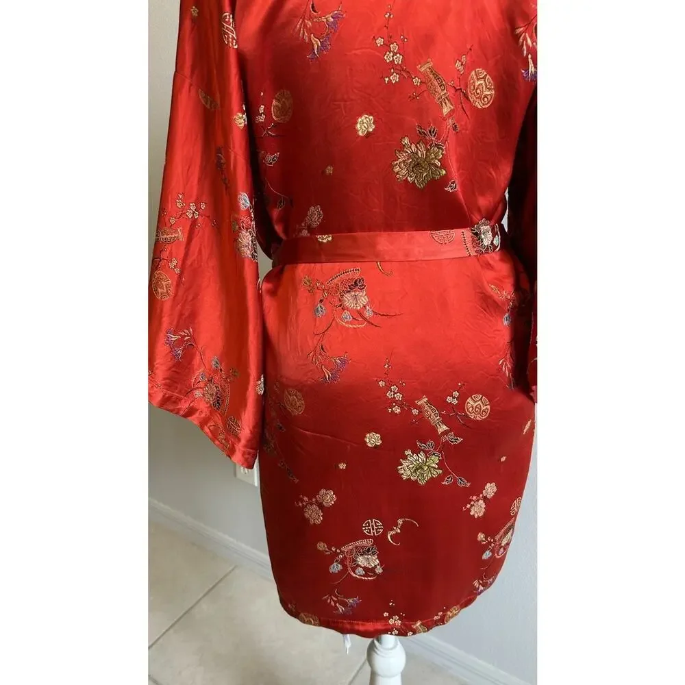 Vintage Kimono Robe Red Patchwork Reversible Asian Gold Hong Kong Retro Pockets